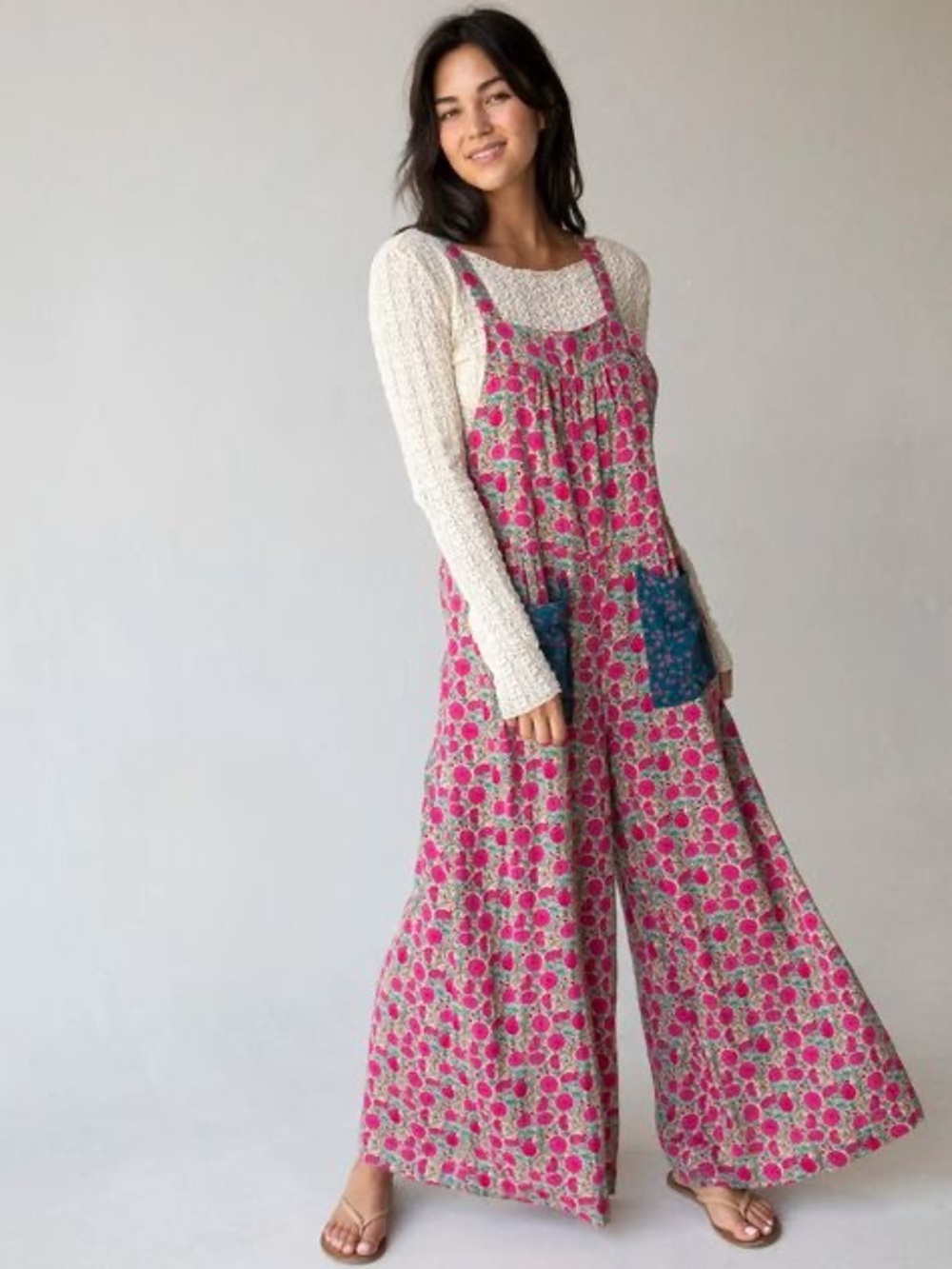 Natural Life Dakota Tie Overall Floral Jumpsuit Pink & Blue Small